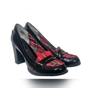 Retro Bandolino Chunky Patent High Heel Loafer Plaid Size 7 whimsigoth